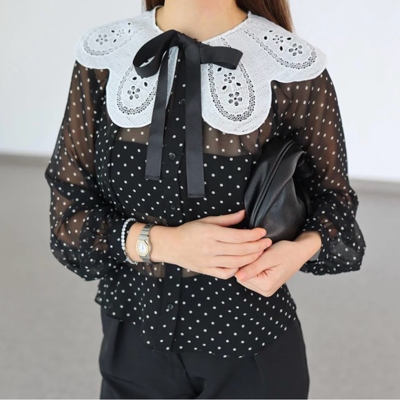 Zara Tops - Zara Black and White Polka Dot Blouse with Lace Detail
